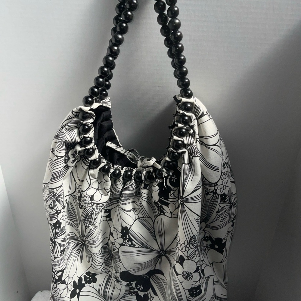 Floral Black and White Beaded Handle Bag